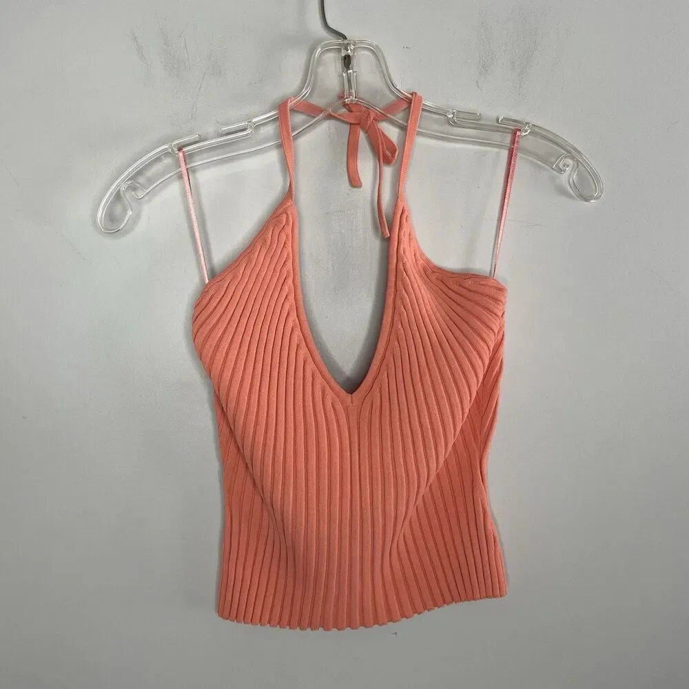 GAUGE81 Moura Plunge Top Women Small Ribbed Knit Halter Orange Viscose Blend - Picture 3 of 15